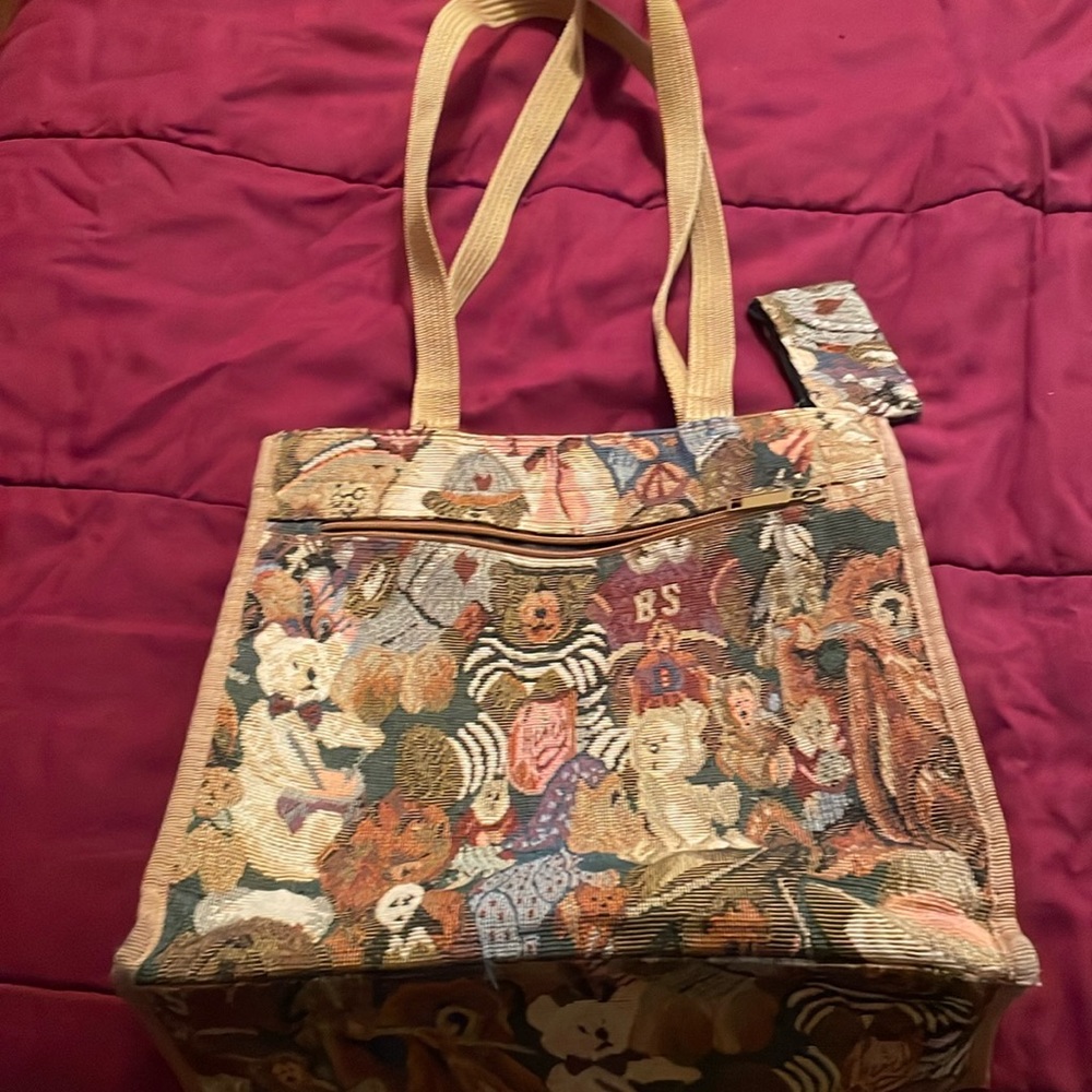 Teddie Bear Canvas Bag. Front/back zipper and inside pockets. Coin purse.